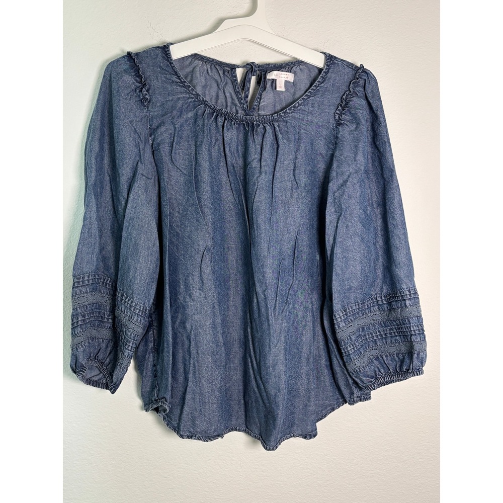 LC Lauren Conrad Blue Chambray Lace Sleeve Peasant Blouse Top Large
